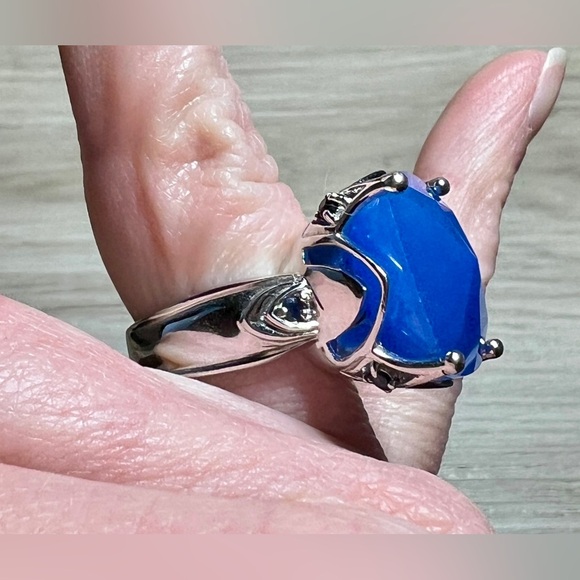 Vintage Designer Signed (SX) Sterling Silver Blue Jade & Sapphire Ring, Size 6 - Picture 13 of 14